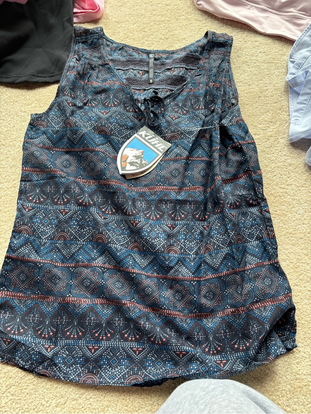 Kuhl Navy Lace-Up Geo Print Tank Top with Rust Accents